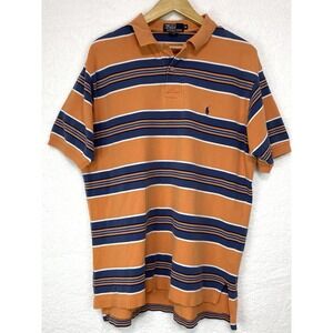 Vintage Ralph Lauren Polo Shirt Mens XL Orange Blue Striped Short Sleeve Pony